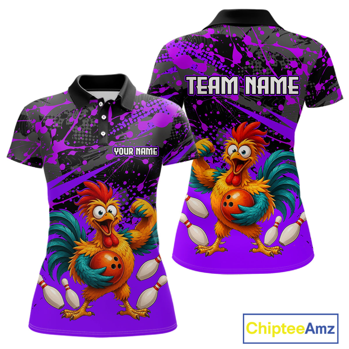 Front and back view custom purple rooster bowling polo shirt featuring a fierce cartoon rooster with bowling ball, bowling pins and purple black paint splash pattern, personalized with team name and player name