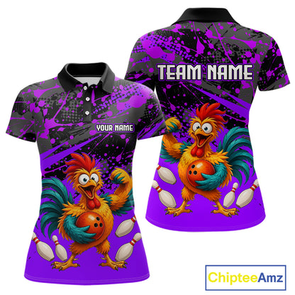 Front and back view custom purple rooster bowling polo shirt featuring a fierce cartoon rooster with bowling ball, bowling pins and purple black paint splash pattern, personalized with team name and player name