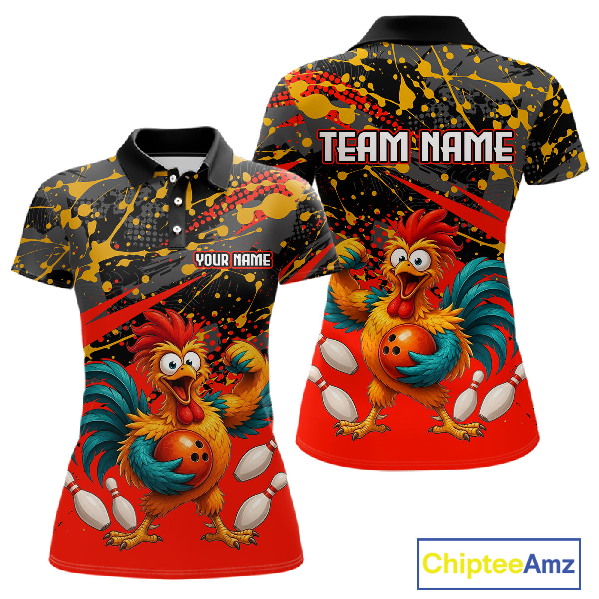 Custom short-sleeve polo shirt shown from the front and back, featuring a colorful cartoon rooster and bowling ball graphic on a black, red, and yellow splatter pattern background. The front has placeholder text 'YOUR NAME' and 'TEAM NAME' on the back.