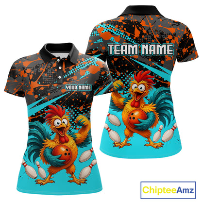 Front and back view custom black red rooster bowling polo shirt featuring a fierce cartoon rooster with bowling ball, bowling pins and turquoise and orange paint splash pattern, personalized with team name and player name
