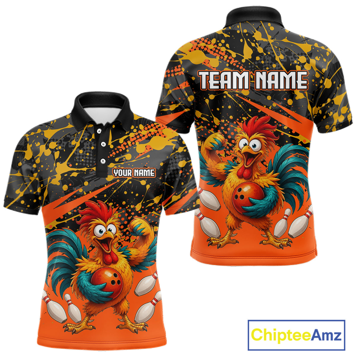 Front and back view custom orange rooster bowling polo shirt featuring a fierce cartoon rooster with bowling ball, bowling pins and black orange paint splatter pattern, personalized with team name and player name