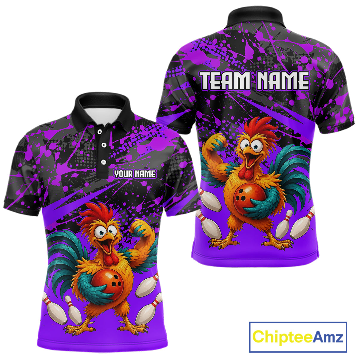 Front and back view custom purple rooster bowling polo shirt featuring a fierce cartoon rooster with bowling ball, bowling pins and purple black paint splash pattern, personalized with team name and player name