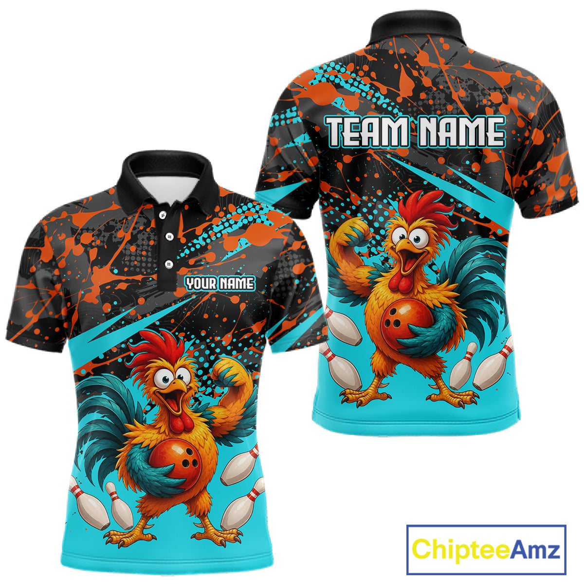 Front and back view custom black red rooster bowling polo shirt featuring a fierce cartoon rooster with bowling ball, bowling pins and turquoise and orange paint splash pattern, personalized with team name and player name