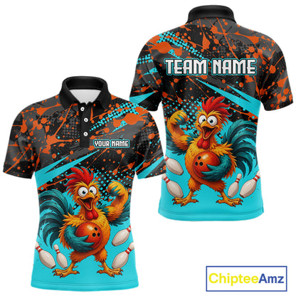 Front and back view custom black red rooster bowling polo shirt featuring a fierce cartoon rooster with bowling ball, bowling pins and turquoise and orange paint splash pattern, personalized with team name and player name