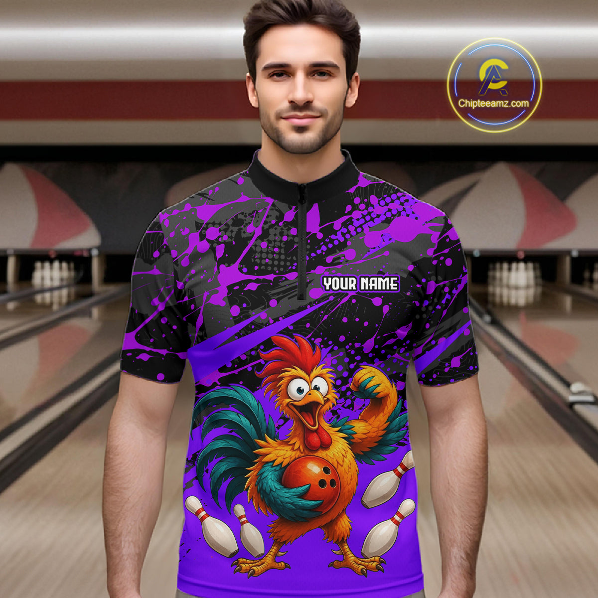 Male model wearing a custom purple rooster bowling quarter-zip shirt front view featuring a fierce cartoon rooster, bowling ball, bowling pins and purple black paint splash pattern at the bowling alley