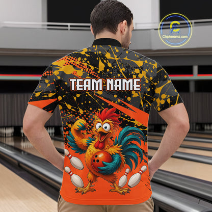 Male model wearing a custom orange rooster bowling quarter-zip shirt back view displaying the personalized team name above a fierce cartoon rooster graphic at the bowling alley