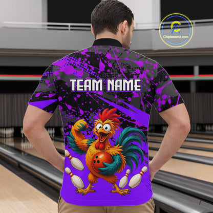 Male model wearing a custom purple rooster bowling quarter-zip shirt back view displaying the personalized team name above a fierce cartoon rooster graphic at the bowling alley