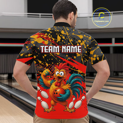 Male model wearing a custom black red rooster bowling quarter-zip shirt back view displaying the personalized team name above a fierce cartoon rooster graphic at the bowling alley