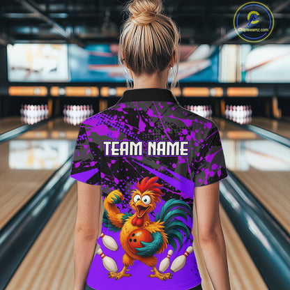 Female model wearing a custom purple rooster bowling polo shirt back view displaying the personalized team name above a fierce cartoon rooster graphic at the bowling alley