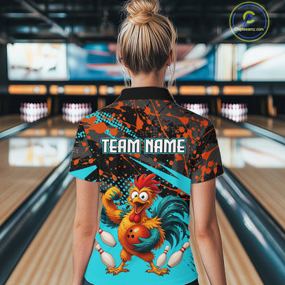 Custom Turquoise Chicken Bowling Team Shirt Funny Bowling Jersey for Women Polo & Quarter-Zip QZT1140