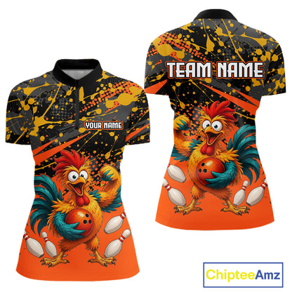 Front and back view custom orange rooster bowling quarter-zip shirt featuring a fierce cartoon rooster with bowling ball, bowling pins and black yellow paint splatter design, personalized with team name and player name