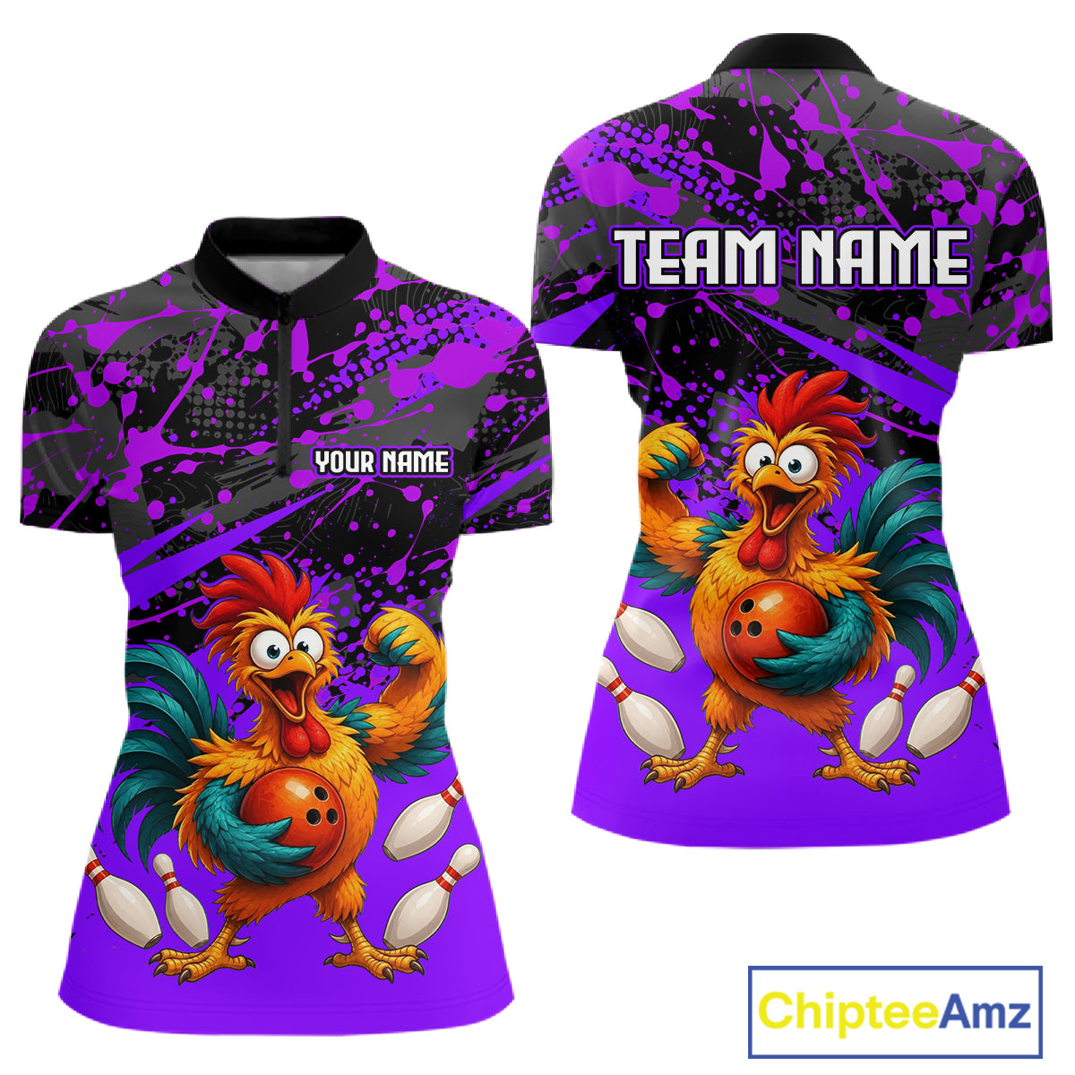Front and back view custom purple rooster bowling quarter-zip shirt featuring a fierce cartoon rooster with bowling ball, bowling pins and purple black paint splash design, personalized with team name and player name