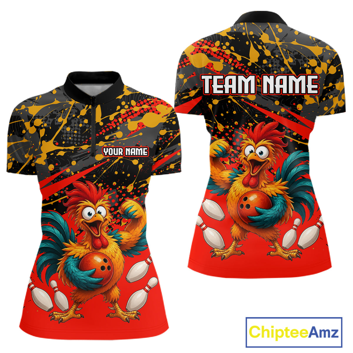 Front and back view custom black red rooster bowling quarter-zip shirt featuring a fierce cartoon rooster with bowling ball, bowling pins and red black paint splash design, personalized with team name and player name