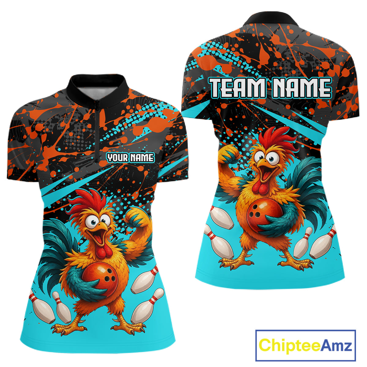 Front and back view custom black red rooster bowling quarter-zip shirt featuring a fierce cartoon rooster with bowling ball, bowling pins and turquoise orange paint splash design, personalized with team name and player name
