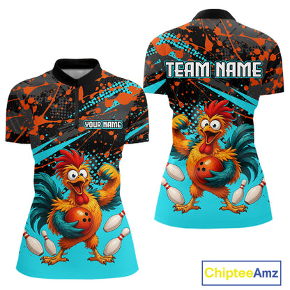 Front and back view custom black red rooster bowling quarter-zip shirt featuring a fierce cartoon rooster with bowling ball, bowling pins and turquoise orange paint splash design, personalized with team name and player name
