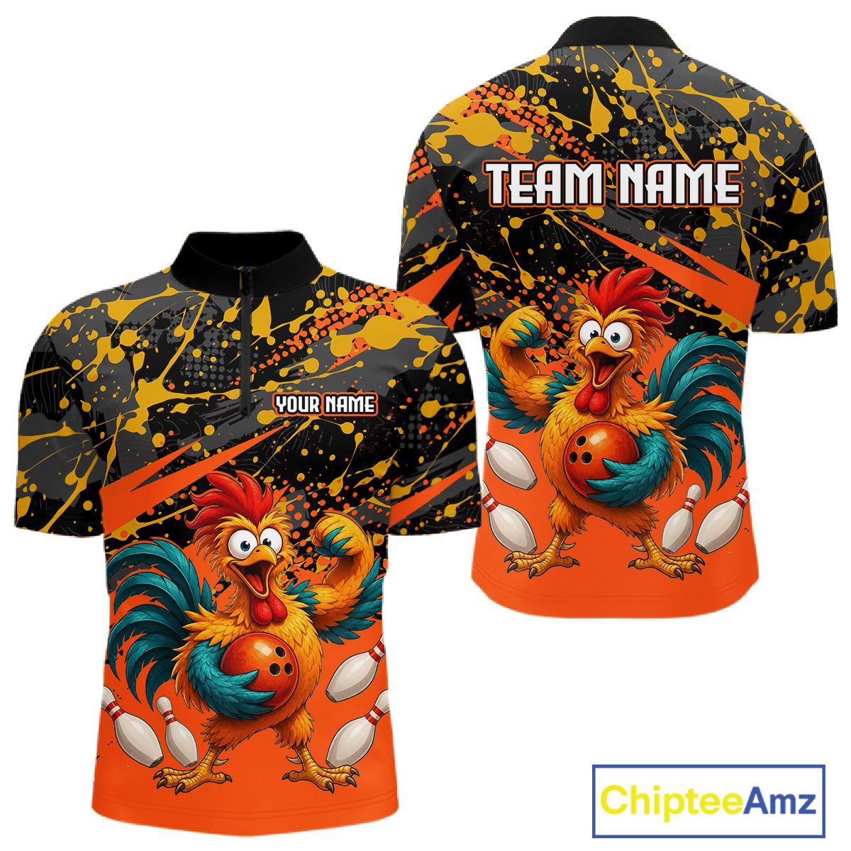 Front and back view custom orange rooster bowling quarter-zip shirt featuring a fierce cartoon rooster with bowling ball, bowling pins and black orange paint splatter design, personalized with team name and player name