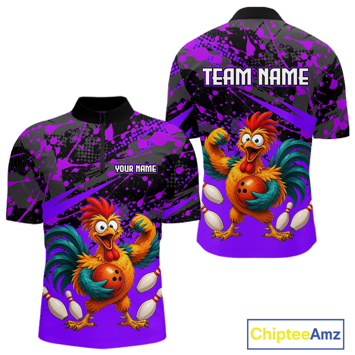 Front and back view custom purple rooster bowling quarter-zip shirt featuring a fierce cartoon rooster with bowling ball, bowling pins and purple black paint splash design, personalized with team name and player name