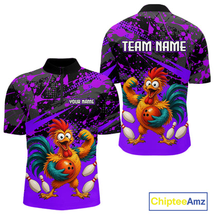 Front and back view custom purple rooster bowling quarter-zip shirt featuring a fierce cartoon rooster with bowling ball, bowling pins and purple black paint splash design, personalized with team name and player name