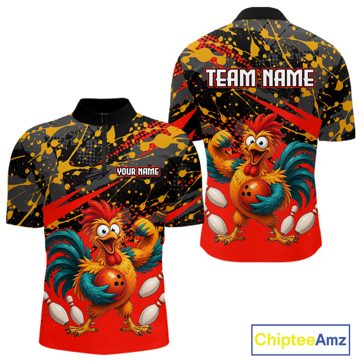 Front and back view custom black red rooster bowling quarter-zip shirt featuring a fierce cartoon rooster with bowling ball, bowling pins and red black paint splash design, personalized with team name and player name
