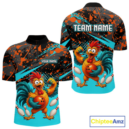 Front and back view custom black red rooster bowling quarter-zip shirt featuring a fierce cartoon rooster with bowling ball, bowling pins and turquoise orange paint splash design, personalized with team name and player name