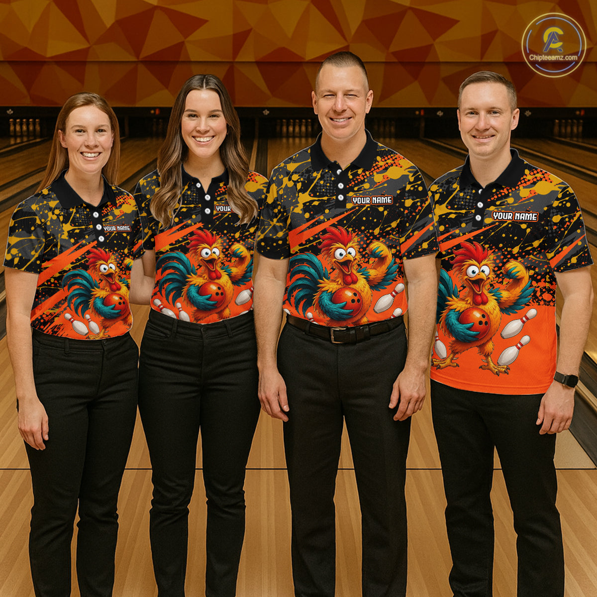 Group of four wearing custom orange rooster bowling shirts back view displaying personalized team names above fierce cartoon rooster artwork on a black and orange paint splatter background at the bowling alley