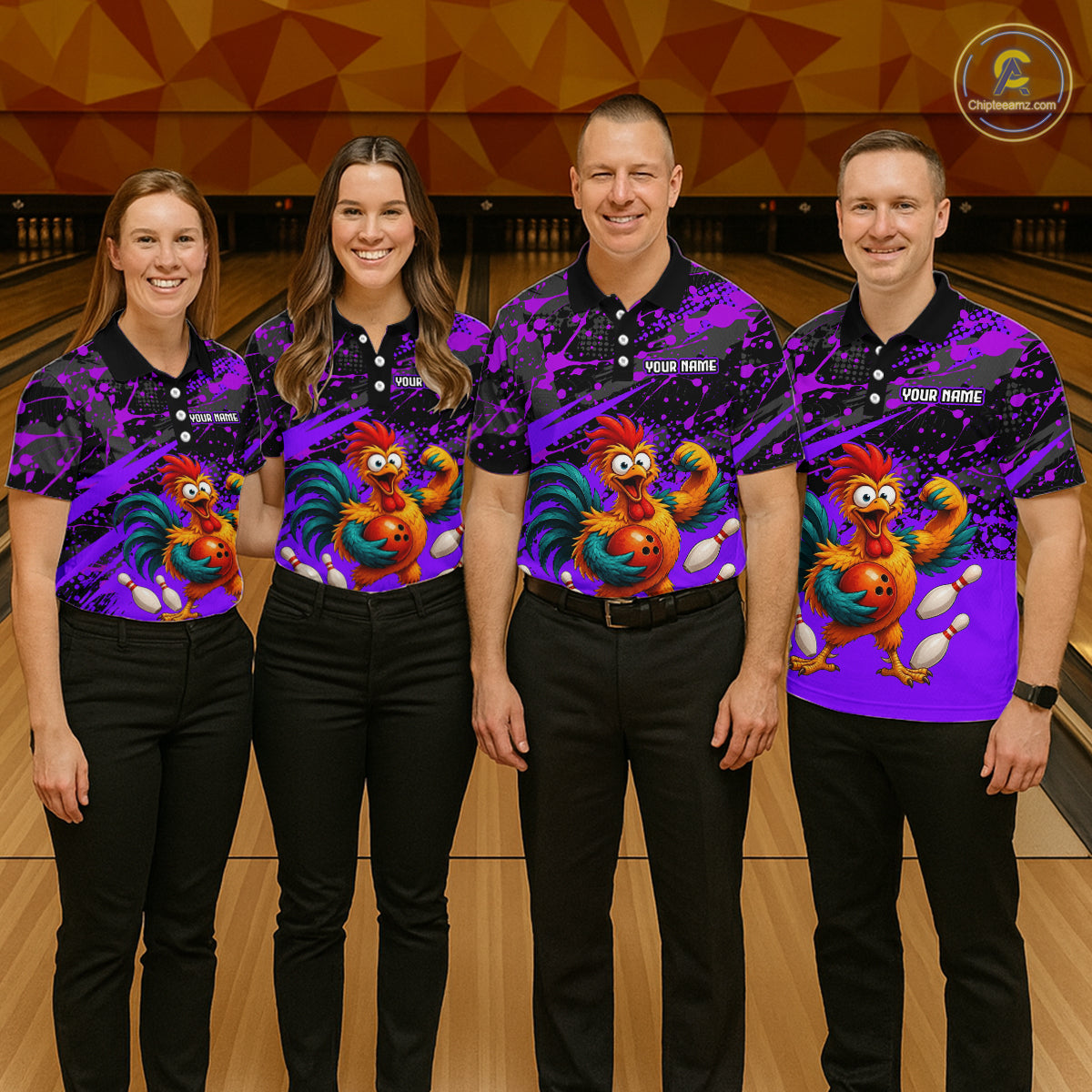 Group of four wearing custom purple rooster bowling shirts front view featuring fierce cartoon rooster artwork with bowling ball, bowling pins and purple black paint splash pattern at the bowling alley