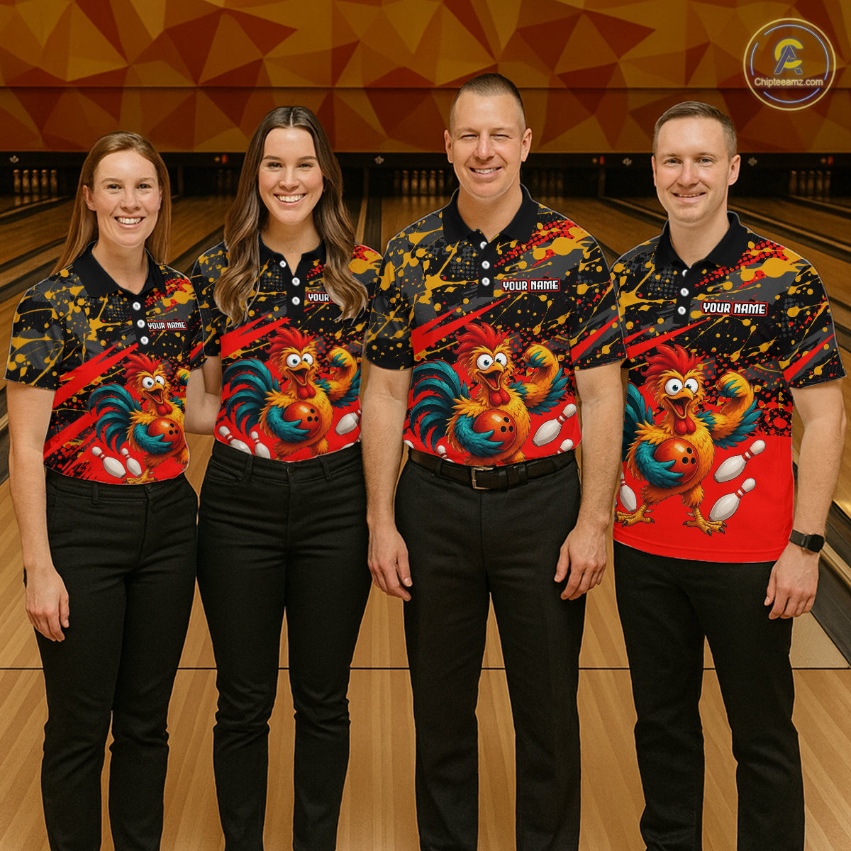 Group of four wearing custom black red rooster bowling shirts front view featuring fierce cartoon rooster artwork with bowling ball, bowling pins and red black paint splash pattern at the bowling alley