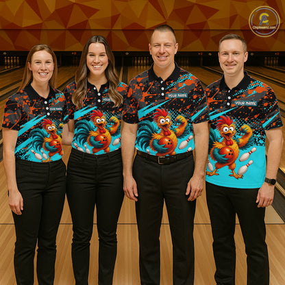 Group of four wearing custom black turquoise rooster bowling shirts front view featuring fierce cartoon rooster artwork with bowling ball, bowling pins and turquoise orange paint splash pattern at the bowling alley