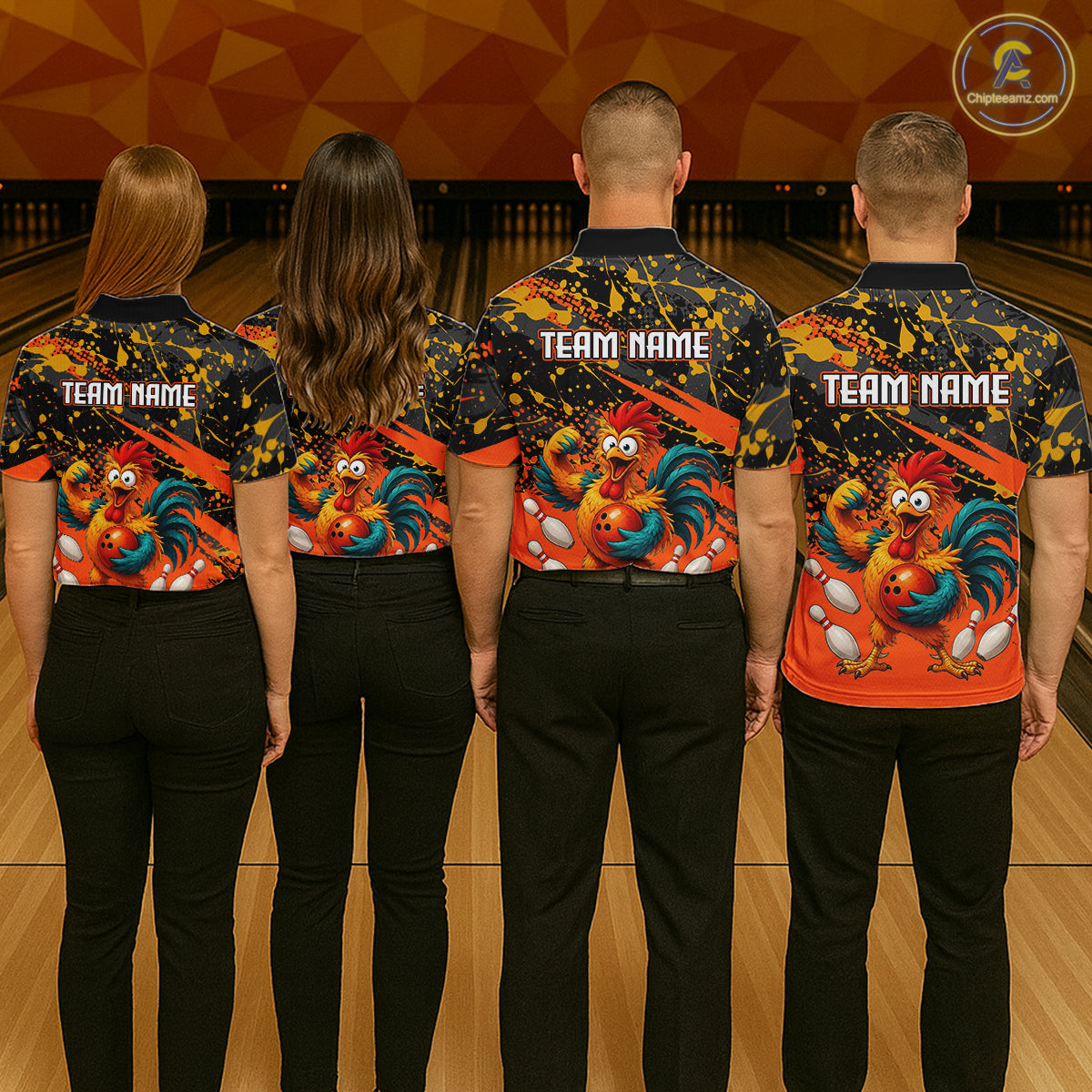 Group of four wearing custom orange rooster bowling shirts front view featuring fierce cartoon rooster artwork with bowling ball, bowling pins and black orange paint splatter pattern at the bowling alley