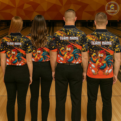 Group of four wearing custom orange rooster bowling shirts front view featuring fierce cartoon rooster artwork with bowling ball, bowling pins and black orange paint splatter pattern at the bowling alley