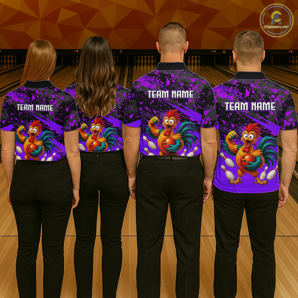 Group of four wearing custom purple rooster bowling shirts back view displaying personalized team names above fierce cartoon rooster artwork on a purple black paint splash background at the bowling alley