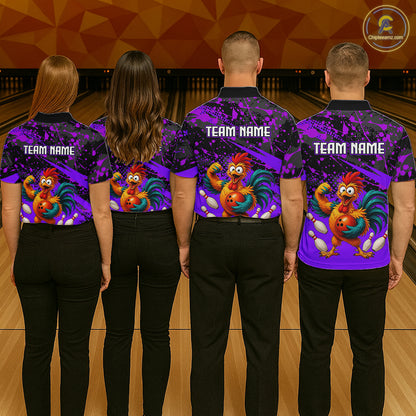 Group of four wearing custom purple rooster bowling shirts back view displaying personalized team names above fierce cartoon rooster artwork on a purple black paint splash background at the bowling alley