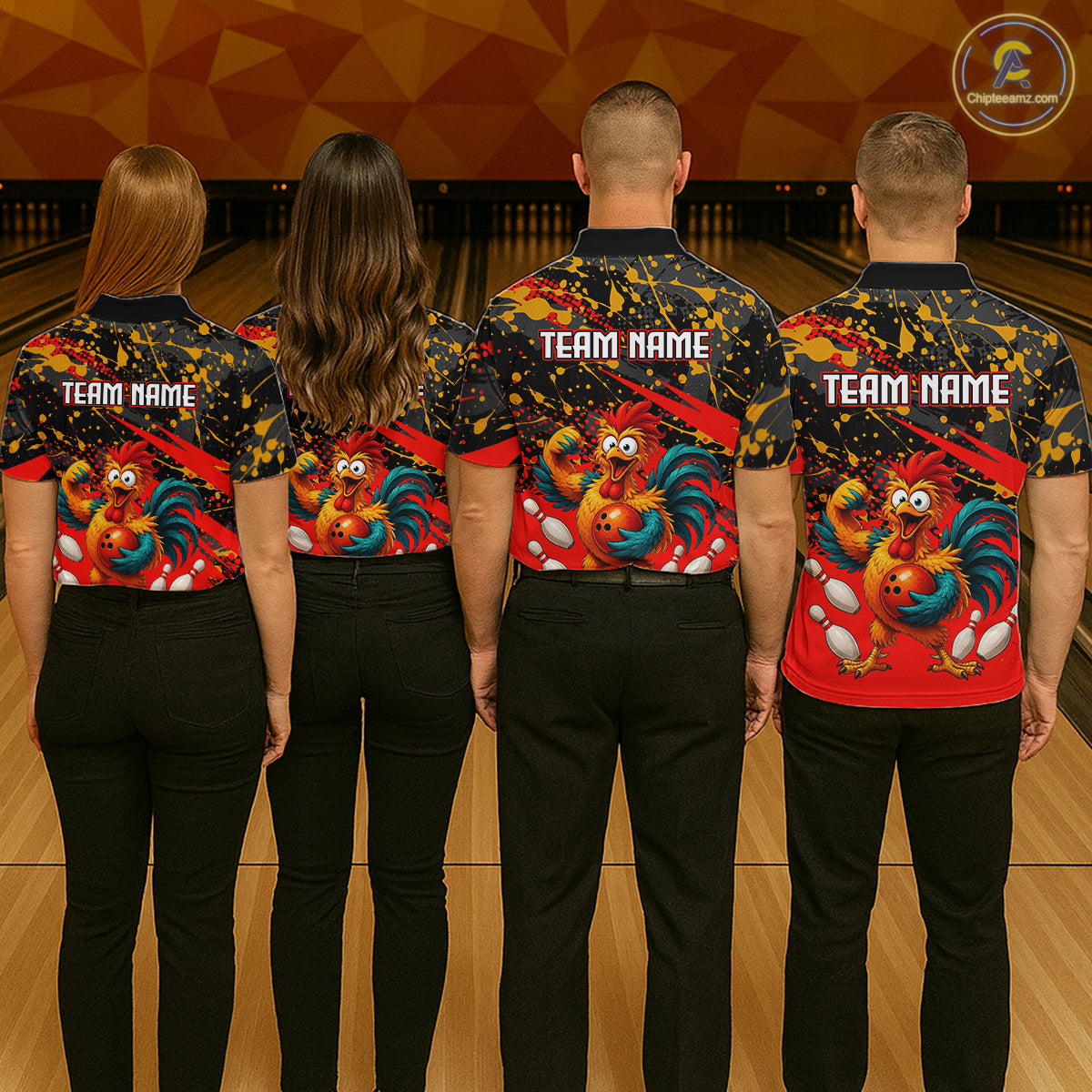 Group of four wearing custom black red rooster bowling shirts back view displaying personalized team names above fierce cartoon rooster artwork on a red black paint splash background at the bowling alley