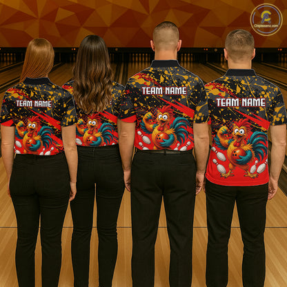 Group of four wearing custom black red rooster bowling shirts back view displaying personalized team names above fierce cartoon rooster artwork on a red black paint splash background at the bowling alley
