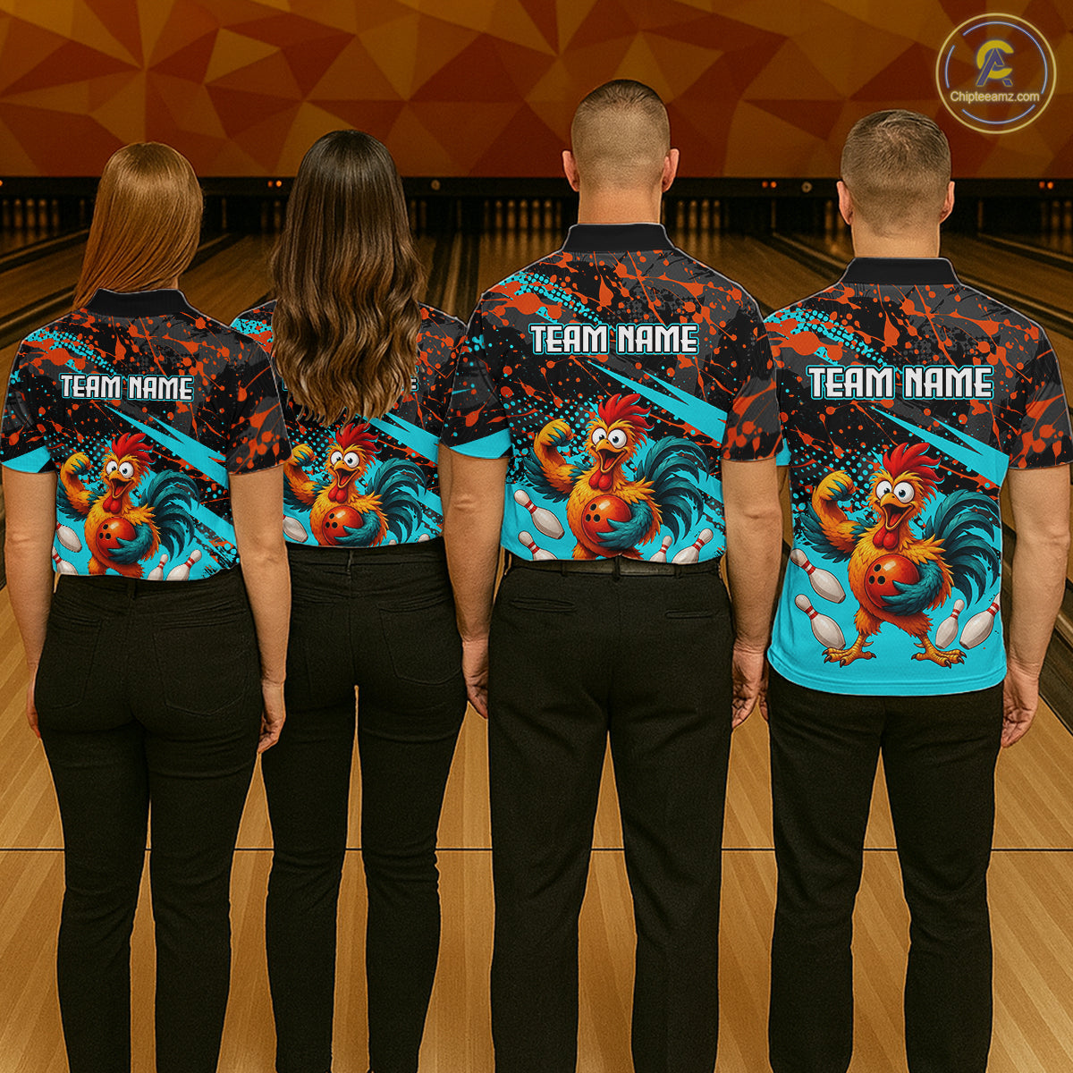 Group of four wearing custom black turquoise rooster bowling shirts back view displaying personalized team names above fierce cartoon rooster artwork on a turquoise orange paint splash background at the bowling alley