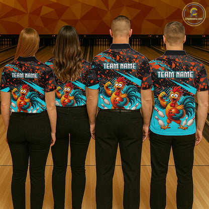 Group of four wearing custom black turquoise rooster bowling shirts back view displaying personalized team names above fierce cartoon rooster artwork on a turquoise orange paint splash background at the bowling alley