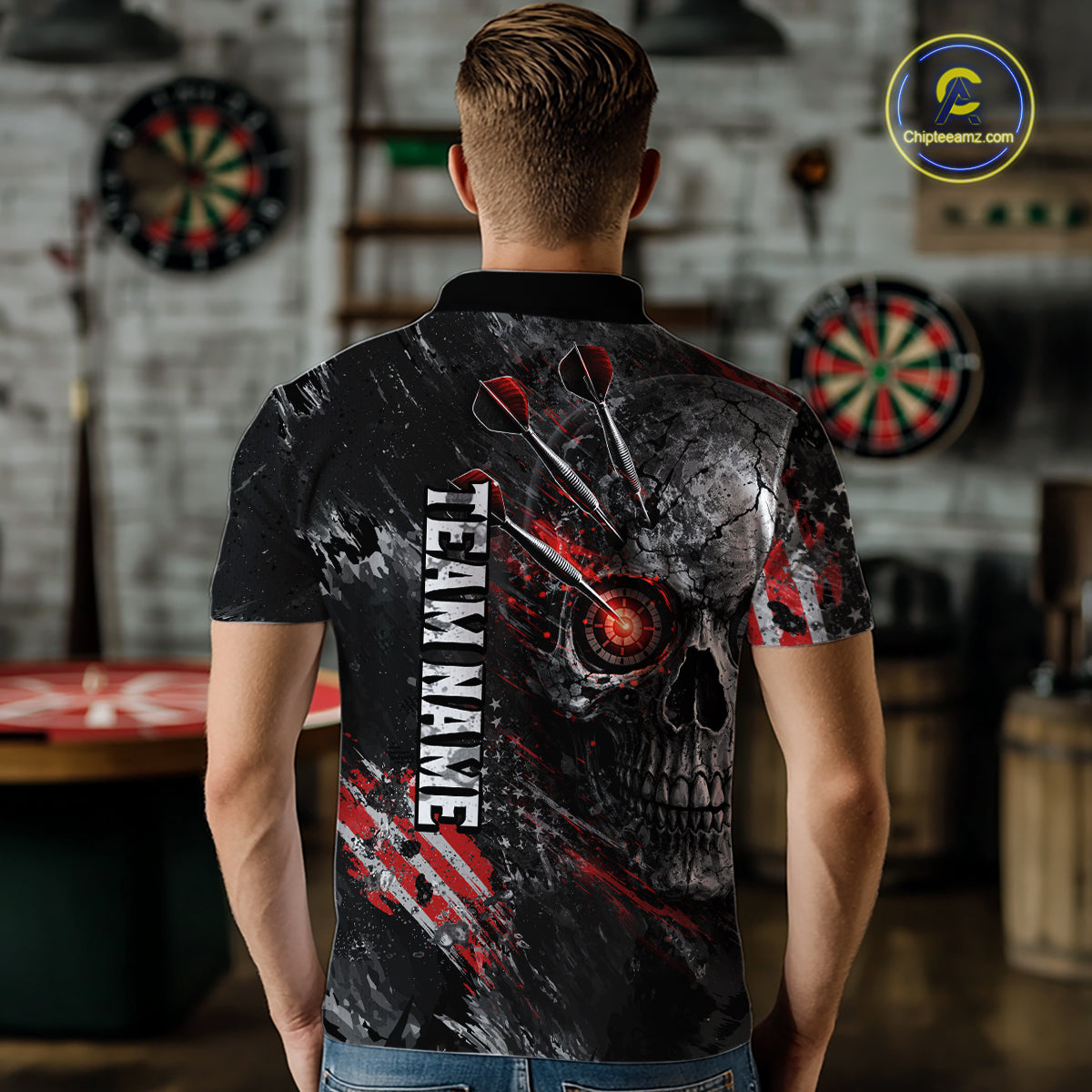 Personalized Skull Dart Team Shirt for Men Custom Red Dart Jersey Polo & 1/4-Zip Dartboard Shirt Outfit DHT23