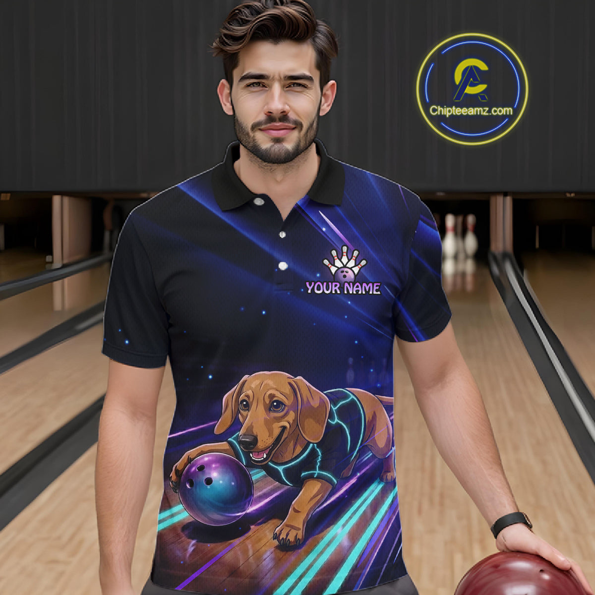 Neon Funny Dachshund Bowling Shirt Custom Bowling Team Jersey for Men Polo & Quarter-Zip Bowling Outfit QZT940