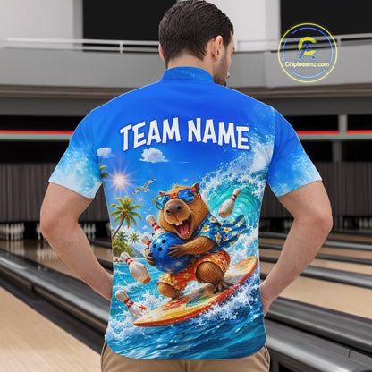 Custom Funny Capypara Surfing Bowling Team Shirt for Men Bowling Jersey League Polo & Quarter-Zip QZT1079