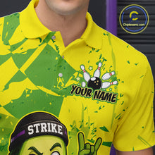 Load image into Gallery viewer, Yellow and green bowling-themed shirt with customizable text on a person wearing it.