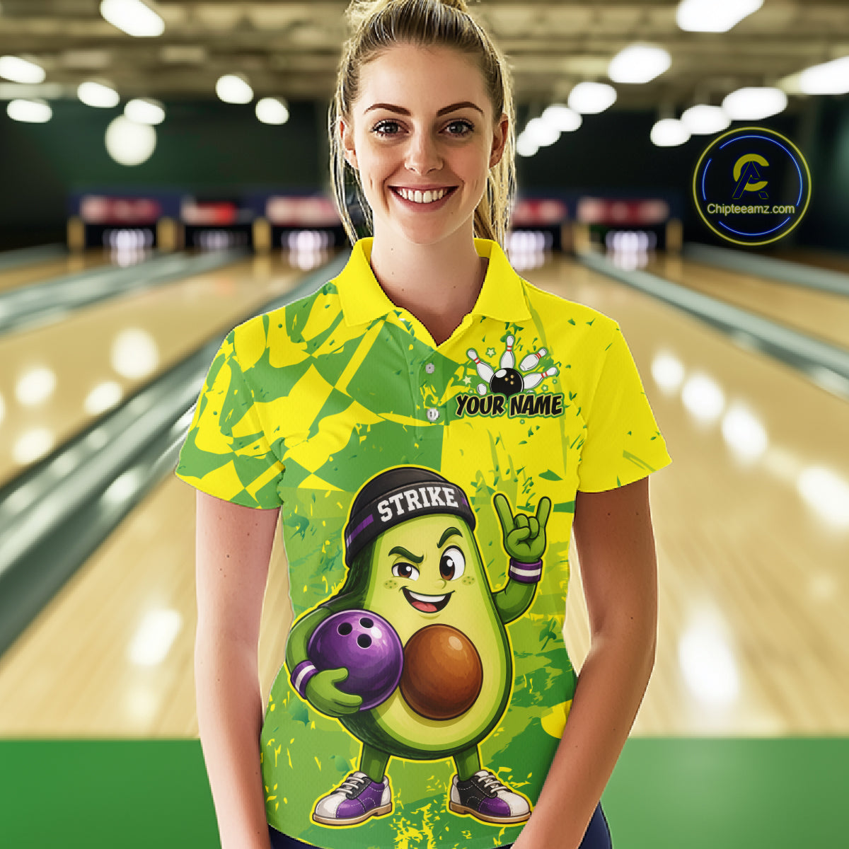 Person wearing a colorful bowling shirt with an avocado character design in a bowling alley.