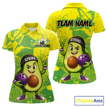 Load image into Gallery viewer, Two yellow and green view of polo shirts with an avocado character holding a bowling ball, one with 'Team Name' and 'Your Name' text, the other with 'Strike' and 'Strike' text, on a white background.