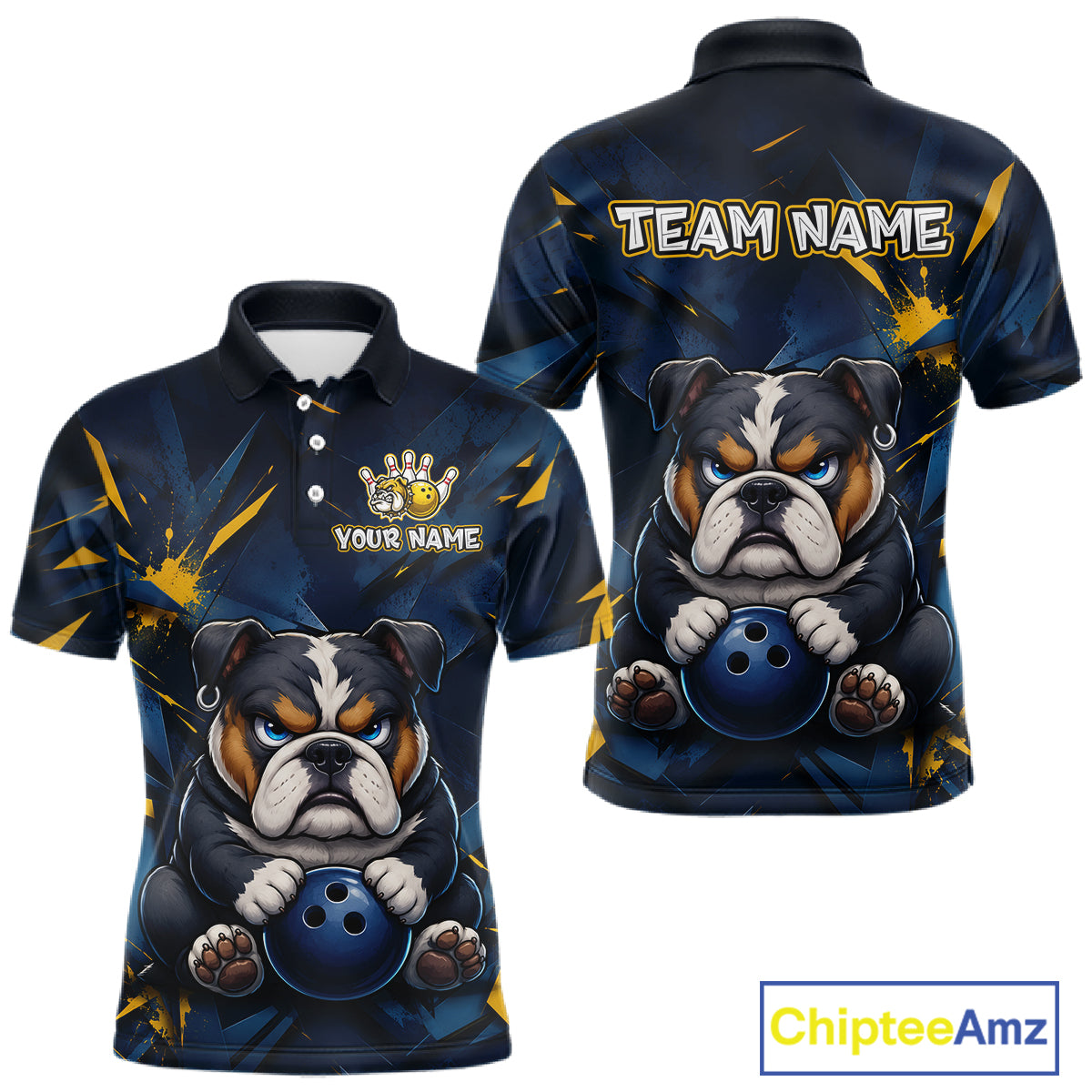 Front and back view custom blue bulldog bowling polo shirt featuring a fierce cartoon bulldog with bowling ball, gold lightning accents and navy blue abstract pattern, personalized with team name and player name