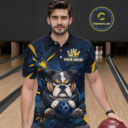 Male model wearing a custom blue bulldog bowling polo shirt front view featuring a fierce cartoon bulldog, bowling ball, gold lightning accents and navy blue abstract pattern at the bowling alley