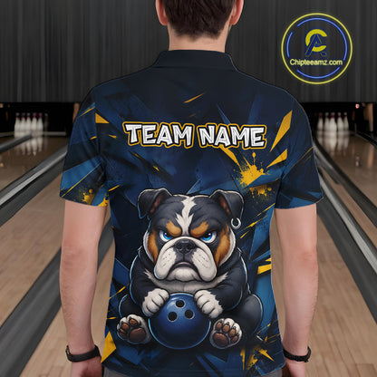 Male model wearing a custom blue bulldog bowling polo shirt back view displaying the personalized team name above a fierce cartoon bulldog graphic at the bowling alley