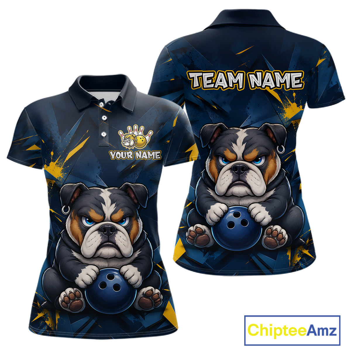 Front and back view custom blue bulldog bowling polo shirt featuring a fierce cartoon bulldog with bowling ball, gold lightning accents and navy blue abstract pattern, personalized with team name and player name