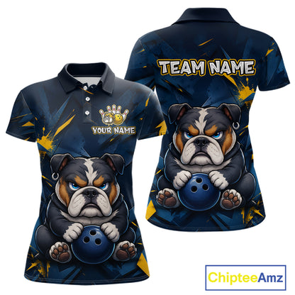 Front and back view custom blue bulldog bowling polo shirt featuring a fierce cartoon bulldog with bowling ball, gold lightning accents and navy blue abstract pattern, personalized with team name and player name