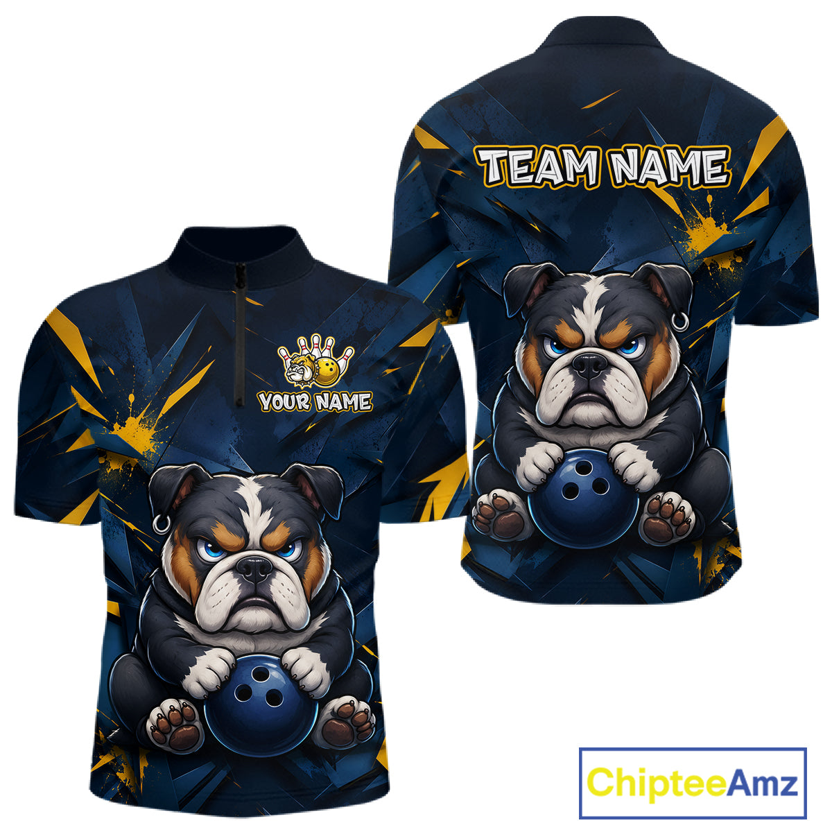 Front and back view custom blue bulldog bowling quarter-zip shirt featuring a fierce cartoon bulldog with bowling ball, gold lightning accents and navy blue abstract design, personalized with team name and player name