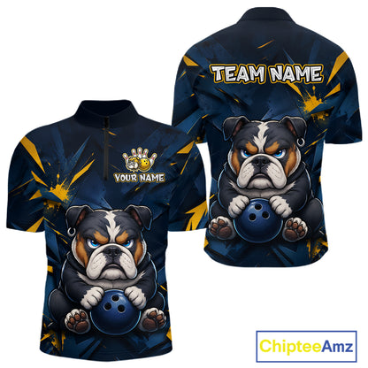 Front and back view custom blue bulldog bowling quarter-zip shirt featuring a fierce cartoon bulldog with bowling ball, gold lightning accents and navy blue abstract design, personalized with team name and player name