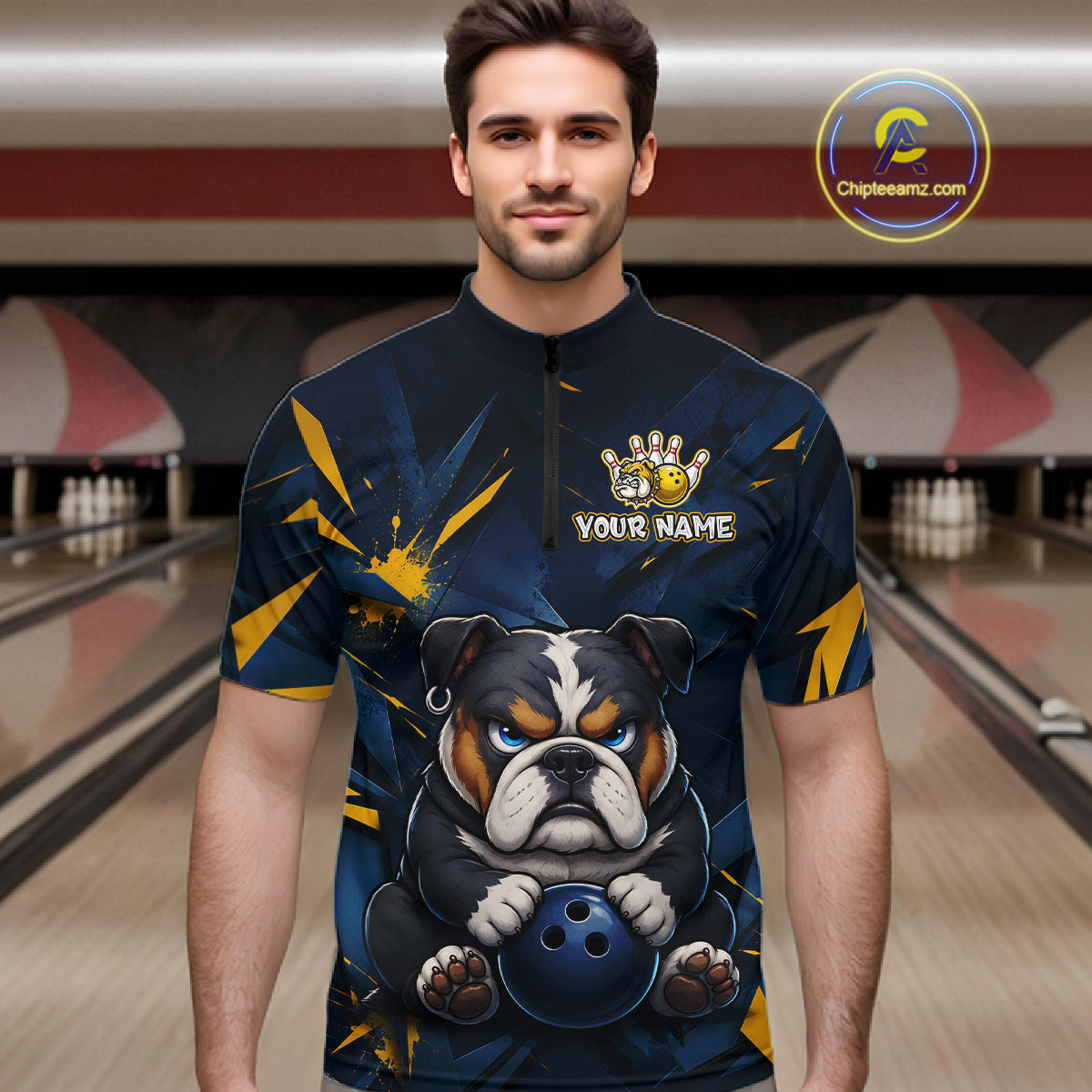 Male model wearing a custom blue bulldog bowling quarter-zip shirt front view featuring a fierce cartoon bulldog, bowling ball, gold lightning accents and navy blue abstract pattern at the bowling alley